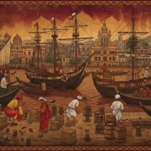 A vibrant, bustling scene of the historic Port of Calcutta during the colonial era, with intricately detailed Indian and British ships docked along the Hooghly River. The foreground features Indian dock workers in traditional attire, unloading crates and barrels with the cityscape of Calcutta in the background, showcasing colonial architecture. The rich, deep colors of maroon, gold, and peacock blue dominate the scene, with patterns and textures reminiscent of Madhubani and Pattachitra art styles. The overall atmosphere is one of dynamic activity and historical richness, with a blend of heritage and modern digital aesthetics, capturing the essence of India's maritime past.