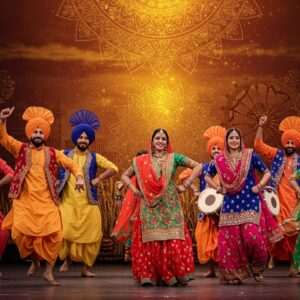 A dynamic scene capturing the essence of Punjab's folk dances. In the foreground, a group of Indian dancers, both men and women, are energetically performing Bhangra and Giddha. The men wear bright, traditional Punjabi attire with turbans in vivid colors like saffron, maroon, and peacock blue, while the women are adorned in flowing, colorful salwar kameez with intricate Phulkari embroidery. Their movements are lively and synchronized, embodying joy and celebration. The backdrop is a surreal digital blend of traditional Punjabi motifs like spinning wheels, vibrant dhols, and stylized wheat stalks in a rich color palette of gold and deep red. The sky is illuminated with a glowing mandala, casting warm, ethereal light over the dancers. The scene conveys the rhythmic energy and cultural heritage of Punjab's folk dances, with a modern digital twist that captures both tradition and innovation.