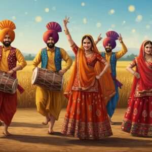A lively and colorful scene depicting a group of Indian dancers performing traditional Punjabi folk dances like Bhangra and Giddha. The dancers are dressed in vibrant, richly embroidered traditional Punjabi attire with bright colors such as saffron, maroon, and peacock blue, adorned with intricate patterns and cultural motifs. Their expressions are joyful and energetic, capturing the essence of celebration. In the background, a serene rural Punjabi landscape is visible with golden wheat fields under a clear blue sky. The art style merges traditional Indian art forms with modern digital aesthetics, featuring soft glowing lights and emphasizing the dynamic movement of the dancers. The overall tone is one of vibrancy, cultural richness, and festive spirit, inviting the viewer into the world of Punjabi folk dance.