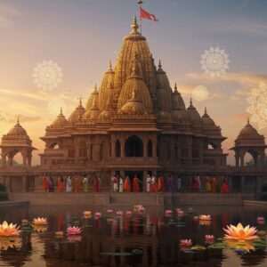 An ethereal depiction of the Ugro Tara Temple, bathed in the soft glow of a serene sunrise. The temple is adorned with intricate carvings and vibrant colors reminiscent of Madhubani art, highlighted by the rich hues of gold, maroon, and peacock blue. In the foreground, a sacred lotus pond reflects the temple's grand facade, with delicate lotus flowers blooming in pastel pink and warm gold. A group of devotees, dressed in traditional Indian attire, stand in reverence, surrounded by glowing mandalas in the air. The atmosphere is tranquil and spiritual, capturing the essence of the temple as a cultural and spiritual sanctuary. The overall composition blends traditional Indian art forms with modern digital aesthetics, creating a harmonious and captivating scene.