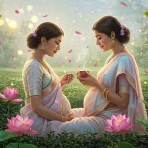 An ethereal scene depicting a serene, expectant Indian mother gently holding a cup of steaming Darjeeling tea. She is seated in a peaceful garden filled with lush, vibrant tea leaves and delicate, blooming lotus flowers. Her attire is a soft, pastel-hued saree, adorned with subtle gold embroidery. The atmosphere is calm and tranquil, with soft, glowing lights creating a halo effect around her, symbolizing peace and mindfulness. In the background, there is a gentle cascade of pastel-colored petals floating through the air, adding to the surreal and harmonious ambiance. The art style merges traditional Indian motifs with modern digital aesthetics, focusing on tranquility and wellness.