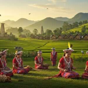 A captivating scene depicting a serene landscape of Karbi Anglong, showcasing lush green hills and traditional Karbi tribal homes nestled among them. In the foreground, a group of Karbi tribespeople, dressed in their vibrant, traditional attire featuring intricate patterns and bright colors, are engaged in cultural activities, such as weaving or playing traditional musical instruments. The setting is illuminated by soft, warm golden light, creating an ethereal and peaceful atmosphere. Surrounding the tribespeople are elements of nature like blooming flowers, and birds native to the region. The backdrop includes historical monuments or sites specific to Karbi Anglong's history, subtly integrated into the landscape. The overall composition is both serene and dynamic, inviting viewers to delve deeper into the rich cultural heritage and history of Karbi Anglong.