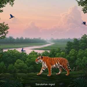 A breathtaking landscape of the Sundarbans in West Bengal, with a majestic Bengal tiger gracefully walking along the lush, dense mangrove forest. In the background, a serene river winds through the greenery, reflecting the soft glow of the setting sun. The sky is a gradient of pastel hues, with gentle wisps of clouds. Surrounding the tiger are vibrant depictions of native flora like Sundari trees and colorful birds such as kingfishers and herons. The art style merges traditional Indian motifs with modern digital aesthetics, featuring intricate patterns and deep colors like peacock blue and maroon. The scene exudes a sense of tranquility and untouched beauty, inviting readers to explore these protected areas.