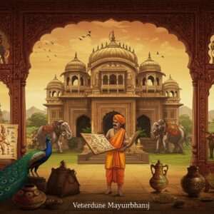 A mesmerizing scene depicting the rich history of Mayurbhanj, featuring a grand palace with intricate carvings and ornate architecture reminiscent of ancient dynasties. In the foreground, an Indian historian in traditional attire is observing ancient artifacts and scrolls, surrounded by vibrant illustrations of royal figures and mythical creatures from Mayurbhanj's past. The background showcases lush landscapes with traditional motifs like peacocks and elephants, symbolizing the region's cultural heritage. The color palette is rich with gold, maroon, and peacock blue, creating a harmonious blend of tradition and modern digital art. The overall atmosphere is one of awe and discovery, inviting viewers into the depths of Mayurbhanj's historical legacy.