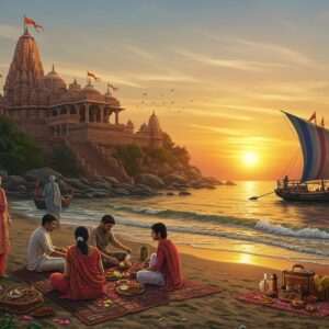 A serene coastal scene depicting Valsad's pristine beach at sunset, where the golden sun dips into the horizon, casting a warm glow over the gentle waves. In the foreground, a group of Indian tourists, dressed in modern casual attire with a hint of traditional Gujarati elements like bandhani scarves, enjoy a picnic with local delicacies. Nearby, a traditional fishing boat with colorful sails adds cultural depth. In the background, a majestic temple with intricate carvings stands on a hill, surrounded by lush greenery. The scene is rich with vibrant colors—saffron, maroon, and peacock blue—capturing the essence of Valsad's heritage and natural beauty. The art style blends digital realism with traditional Indian aesthetics, inviting readers to explore this hidden gem.