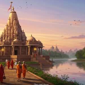A serene landscape depicting the ancient and revered temples of Valsad, nestled amidst lush greenery. In the foreground, a grand temple structure with intricately carved pillars and a majestic spire reaching towards the sky, adorned with golden embellishments that catch the soft, ethereal glow of the setting sun. The background features a tranquil river flowing gently, reflecting the pastel hues of the sky. Pilgrims in traditional Indian attire walk along the pathway leading to the temple, their faces illuminated by a warm, peaceful light. The scene is enveloped in an aura of spirituality and tranquility, with subtle motifs of lotus flowers and glowing mandalas enhancing the sacred atmosphere. The art style combines traditional Indian artistic elements with a modern digital aesthetic, creating a harmonious blend of heritage and innovation.