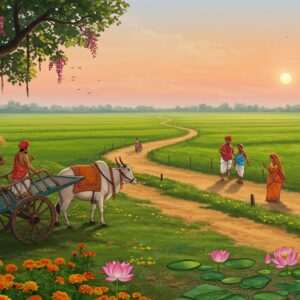 A serene, picturesque scene of Valsad's countryside at sunrise. Lush green fields stretch across the horizon, dotted with vibrant marigold and lotus flowers. A narrow, winding path leads to a tranquil beach with soft, golden sands kissed by gentle waves. In the foreground, a traditional Indian bullock cart is parked beside a blooming banyan tree, casting soft shadows on the ground. Local villagers dressed in colorful traditional attire are seen engaging in their morning routines, adding life and culture to the scene. The sky is painted in soft pastel hues of pink and orange, with a warm, glowing light that bathes the landscape. The art style combines the intricate patterns and rich colors of Madhubani and Pattachitra with a modern digital aesthetic, creating a harmonious blend of tradition and innovation. The overall atmosphere is calm, inviting, and full of the hidden charms of rural Valsad.