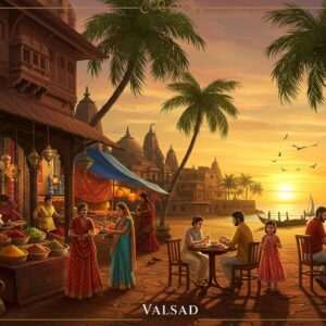 A vibrant scene capturing the essence of Valsad, India, in 2025. The image features the lush greenery and serene beaches of Valsad, with a golden sunrise casting a warm glow over the landscape. In the foreground, a beautifully detailed, traditional Indian market bustling with activity. Stalls display an array of colorful spices, textiles, and local delicacies. People are dressed in modern casual attire, blending contemporary fashion with traditional elements. A family is enjoying a meal of authentic Valsad cuisine at a nearby cafe. In the background, historical architecture is elegantly framed by palm trees swaying gently in the breeze. The art style merges traditional Indian aesthetics with modern digital techniques, featuring intricate patterns and deep, rich colors like maroon and peacock blue. The overall tone is vibrant yet serene, inviting readers to explore the unique charm of Valsad through this comprehensive travel guide.