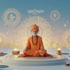 A serene Indian scholar in traditional attire, seated amidst a tranquil, digitally rendered landscape blending modern aesthetics with elements of ancient Indian art forms. The scholar is surrounded by glowing mandalas and intricate patterns, symbolizing the concepts of Vyapti and Linga in Indian logic. The background features soft pastel hues of blue and gold, with stylized lotus flowers and gentle, ethereal lights. The scene captures a sense of wisdom and tranquility, with the scholar deeply immersed in contemplation. The lighting is soft and warm, emphasizing the cultural richness and intellectual depth of the topic. The overall atmosphere is spiritual and meditative, inviting readers to explore the philosophical depths of Indian logic.