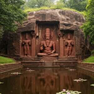 An ancient, mystical Agastya Cave entrance nestled within the verdant hills of Tamil Nadu, surrounded by lush greenery and towering trees. The cave exudes an aura of mystery and spirituality, with intricately carved sculptures depicting Sage Agastya, a revered figure in Hindu mythology, sitting in meditation. The scene is bathed in soft, ethereal light, highlighting the deep reds and golds of the carvings. Ancient Tamil inscriptions are subtly visible on the walls, adding to the historical intrigue. In the foreground, a serene pond reflects the cave's facade, adorned with floating lotus flowers. The art style should merge traditional Indian aesthetics with a modern digital touch, using rich colors like maroon and saffron to evoke a sense of timeless wonder and cultural heritage.