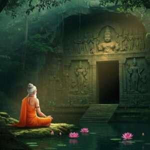 A serene and mystical depiction of Agastya Cave nestled in a lush, verdant forest. The cave entrance is adorned with intricate carvings of ancient Hindu deities and symbols, illuminated by a gentle, ethereal glow that hints at its spiritual significance. In the foreground, a wise sage resembling Agastya Muni sits cross-legged, deep in meditation, enveloped in a soft halo of warm golden light. His traditional attire is detailed with patterns reminiscent of Madhubani and Pattachitra art. Around him, the tranquil atmosphere is enhanced by the presence of lotus flowers and a calm water surface reflecting the serene ambiance. The color palette features deep greens, golds, and soft blues, creating a harmonious blend of tradition and modern digital aesthetics. The overall composition conveys a sense of spirituality, knowledge, and cultural heritage.