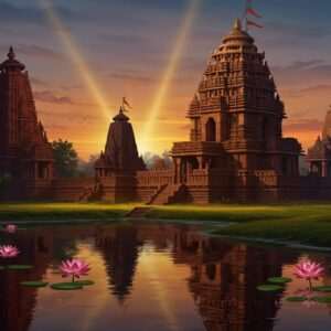 A mesmerizing scene of Odisha's ancient temples set against a twilight sky, capturing the architectural grandeur of Kalinga style. In the foreground, the Konark Sun Temple stands majestically, its intricate carvings bathed in soft golden light. To its left, the towering spire of the Lingaraj Temple rises gracefully, surrounded by lush greenery. On the right, the Jagannath Temple is depicted with its iconic dome and vibrant hues. The background showcases a serene landscape of gentle hills and a calm river, reflecting the temples' silhouettes. The scene is illuminated by ethereal light beams and glowing lotus flowers, creating a spiritual ambiance. The art style combines traditional Indian motifs with modern digital aesthetics, using deep colors like maroon and peacock blue, with hints of saffron and gold to highlight the historical significance and timeless beauty of these majestic ruins.