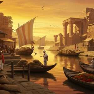 An ancient Indian port scene from the Indus Valley Civilization, showcasing a vibrant harbor bustling with trade. Traditional Indian boats with colorful sails are docked, laden with goods like spices, textiles, and pottery. Traders in ancient Indian attire, wearing dhotis and turbans, are engaged in animated barter, surrounded by sacks of goods and clay jars. The background features the ruins of the Kuntasi port, with detailed carvings and intricate patterns reminiscent of Madhubani art on the stone structures. The sky is painted in warm hues of saffron and maroon, with a serene river reflecting the lively scene. The atmosphere is rich with historical depth, accentuated by glowing golden light that adds a modern digital aesthetic to the traditional setting.