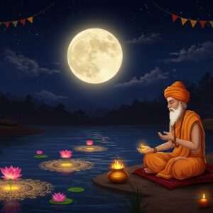 Under a serene night sky illuminated by a radiant full moon, an Indian sage sits cross-legged on the banks of a tranquil river, performing a traditional ritual. The sage is surrounded by glowing lotus flowers and intricate mandalas softly glowing on the water's surface, symbolizing Ashwin Purnima. The scene transitions into a new moon phase representing Amavasya, with a subtle shift to darker tones and gentle, warm gold accents in the environment. The art style should blend traditional Indian artistic motifs with a modern digital touch, using rich colors like saffron and maroon, and capturing the essence of tranquility and spirituality. The sage, depicted with graceful Indian features and dressed in traditional attire, embodies mindfulness and introspection.