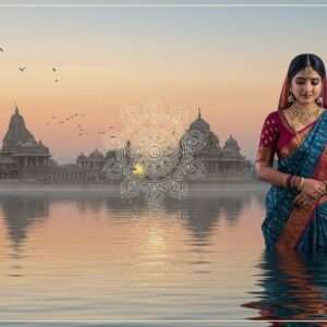 A serene and ethereal depiction of Bindusagar Lake, capturing its historical and cultural significance. The scene features the tranquil waters of the lake reflecting the soft glow of a pastel-colored sky at sunset. Intricate patterns and cultural motifs reminiscent of traditional Indian art forms are subtly incorporated into the landscape. In the foreground, a beautiful Indian woman dressed in a flowing saree with rich colors like maroon and peacock blue stands gracefully, her expression serene and contemplative. She is adorned with traditional gold jewelry, and a glowing mandala floats gently above the water, symbolizing spiritual harmony. The background showcases ancient temples with ornate carvings, their silhouettes softly illuminated by warm golden light. The overall ambiance is peaceful and inviting, with an emphasis on tranquility and heritage, blending traditional art forms with modern digital aesthetics.
