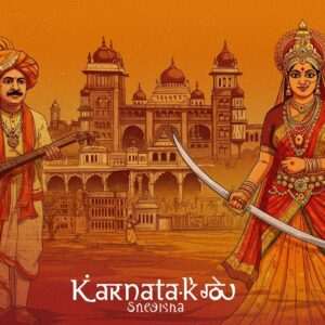 A vibrant and colorful depiction of Karnataka's cultural richness, featuring prominent figures such as a regal portrait of Sir M. Visvesvaraya, dressed in traditional attire with a Mysore peta (turban), alongside a graceful depiction of Rani Chennamma holding a sword, exuding strength and leadership. The background showcases the majestic architecture of Mysore Palace and Hampi ruins, intricately detailed in a modern digital aesthetic blending Madhubani and Pattachitra styles. Rich colors of maroon, peacock blue, and saffron dominate the palette, with intricate patterns and cultural motifs like the Veena and Yakshagana masks subtly incorporated. The scene is serene yet dynamic, inviting the viewer to delve into the history and contributions of Karnataka's illustrious figures.