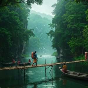 A breathtaking landscape of Chadpur, Bangladesh, showcasing its lush green hills and serene rivers. In the foreground, an adventurous Indian traveler with a backpack and a traditional Bengali gamcha is crossing a rustic bamboo bridge. The scene is vibrant with deep green forests and shimmering water reflecting the clear blue sky. Traditional boats are gently floating on the river, with locals dressed in colorful attire. The art style should blend traditional Indian elements with modern digital aesthetics, using a rich color palette of emerald, sapphire, and gold to highlight the natural beauty and cultural richness. The atmosphere is inviting and mysterious, evoking a sense of exploration and discovery.