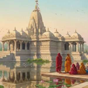 A serene and ethereal depiction of the Chandaneswar Temple bathed in the soft glow of dawn light, with intricate patterns and cultural motifs inspired by traditional Indian art forms. The temple is nestled amidst lush greenery and blooming lotus flowers, with a tranquil water body reflecting its grandeur. In the foreground, a group of Indian devotees dressed in vibrant, flowing traditional attire (maroon, saffron, peacock blue) are engaged in peaceful prayer. The sky is adorned with pastel hues of soft blue and pale pink, creating a harmonious and spiritual ambiance. The scene captures the essence of a spiritual journey, inviting viewers into an exploration of mystique and tranquility.