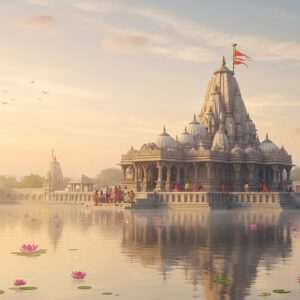 A serene, ethereal depiction of the Chandaneswar Temple at sunrise, with soft pastel hues illuminating the sky in shades of pale pink and warm gold. The temple is intricately adorned with traditional Indian motifs and spiritual symbols, capturing its historical significance. In the foreground, a calm water surface reflects the temple's majestic silhouette, surrounded by gently glowing lotus flowers and subtle, surreal mandalas. Indian devotees, dressed in traditional attire, are seen offering prayers, creating an atmosphere of peace and spirituality. The lighting emphasizes tranquility, inviting readers to explore the temple's rich history and rituals. The art style merges digital modernity with traditional Indian aesthetics, featuring intricate patterns and a touch of fantasy.