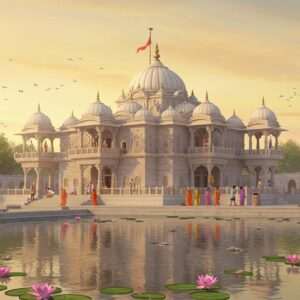 A serene and ethereal depiction of a sacred temple in Chandigarh, showcasing its intricate architecture with domed roofs and ornate carvings. The temple is nestled amidst lush greenery, with soft, glowing pastel lights highlighting the structure. In the foreground, a tranquil water body reflects the temple's silhouette, with floating lotus flowers adding a spiritual touch. The sky is a blend of warm gold and soft blue hues, casting a calming aura over the scene. Indian devotees, dressed in traditional attire, are seen offering prayers, creating an atmosphere of devotion and peace. The art style should merge traditional Indian motifs with modern digital aesthetics, capturing the essence of spirituality and serenity.