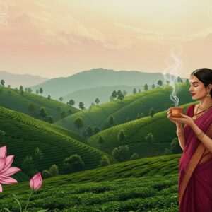 A serene Indian landscape showcasing lush, rolling hills of Darjeeling with tea plantations blanketing the terrain in rich, green hues. In the foreground, an elegantly dressed Indian woman in a flowing maroon saree gracefully holds a traditional teacup, steam rising gently from the fragrant brew. Her eyes reflect tranquility and wisdom. The background features a soft pastel sky with gentle golden light filtering through. Large, stylized lotus flowers subtly adorn the scene, blending seamlessly with intricate patterns reminiscent of Madhubani art. The overall mood is calm and inspiring, reflecting the cultural significance and global allure of Darjeeling tea.