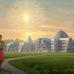 A serene landscape of Tripura with a blend of traditional and modern elements. In the foreground, a young Indian student in contemporary attire, holding books, stands on a path leading to a futuristic campus with innovative architecture, surrounded by lush greenery. The campus buildings are adorned with intricate patterns inspired by Madhubani and Pattachitra art. In the sky, a glowing mandala symbolizes knowledge and growth, casting a warm, ethereal light over the scene. The atmosphere conveys a sense of hope, progress, and cultural richness, inviting readers to explore the educational possibilities in Tripura.