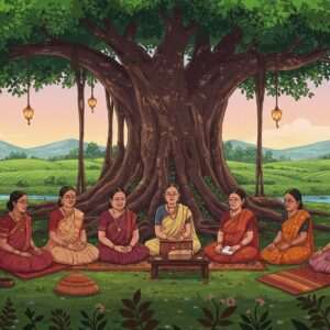 An elegant and immersive depiction of an Assamese literary gathering, featuring a group of distinguished Indian women writers seated in a serene outdoor setting under a large, intricately detailed banyan tree. They are dressed in traditional Assamese Mekhela Chadors with rich maroon, peacock blue, and saffron hues, adorned with Assamese gold jewelry. The backdrop showcases a stylized Pattachitra-inspired landscape with rolling green hills and a tranquil river. Intricate cultural motifs like Assamese japi hats and handwoven textiles are subtly incorporated into the scene. The atmosphere is ethereal and spiritual, with soft pastel lighting casting a warm glow, emphasizing the harmony and mindfulness of the gathering. The art style should blend traditional Indian aesthetics with modern digital illustration techniques, capturing the essence of cultural heritage and innovation.