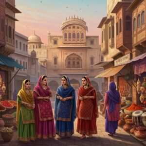 An enchanting scene of Hoshiarpur's bustling street market, alive with vibrant colors and rich cultural elements. In the foreground, a group of Indian women in traditional Punjabi attire are engaged in lively conversation. They wear phulkari dupattas and intricate jewelry, exuding grace and heritage. Around them, stalls display an array of colorful spices, handcrafted pottery, and traditional musical instruments. In the background, historic Hoshiarpur architecture with intricate jharokhas and arched windows stands tall, hinting at the city's storied past. The sky is a serene blend of pastel hues, casting a warm, inviting glow over the scene. The art style should seamlessly blend traditional Indian artistry with modern digital aesthetics, emphasizing deep, rich colors and intricate patterns.