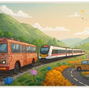 An enchanting digital illustration depicting a serene landscape of Karbi Anglong in Assam. In the foreground, a traditional Assamese bus adorned with intricate patterns and motifs reminiscent of Pattachitra art is parked near a lush, green hill. Beside it, a modern train with sleek design and elements inspired by Madhubani art whizzes by on a track, showcasing the blend of tradition and modernity. A taxi, featuring Phad-inspired detailing, waits on a winding road lined with beautiful peacock blue and saffron-hued flora. The scene is bathed in soft, warm sunlight, highlighting the intricate patterns and cultural symbols like lotus flowers and mandalas. The sky is painted in pastel colors, creating an ethereal atmosphere that invites exploration and adventure.