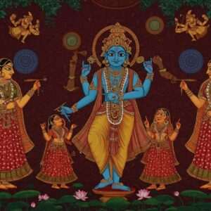 A beautifully detailed depiction of a traditional Pattachitra painting scene, showcasing the vibrant and intricate art form. The image features a mythical scene from the Indian epics, with elaborately dressed Indian deities and characters, adorned with traditional jewelry, surrounded by rich patterns and motifs typical of Pattachitra art. The background is a lush tapestry of deep maroon and peacock blue hues, with lotus flowers and swirling mandalas intricately woven into the design. The composition is balanced with modern digital aesthetics, enhancing the vibrancy and depth of colors, giving it a contemporary yet traditional look. The serene expressions of the characters and the flowing lines of their garments evoke a sense of grace and cultural richness, inviting viewers to delve deeper into the heritage of Pattachitra art.