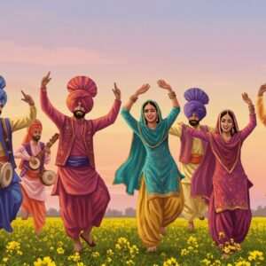 A lively and colorful scene depicting a group of joyful Punjabi dancers performing Bhangra, Giddha, and Jhumar in traditional attire. The men are dressed in bright, multi-colored turbans and kurta pajamas, while the women wear vibrant salwar kameez with intricate phulkari embroidery. They are dancing energetically in an open field with golden mustard flowers in bloom, a symbol of Punjab. The background features a serene, ethereal sunset with soft, pastel hues blending into the horizon. Traditional instruments like the dhol and sarangi are subtly visible. The image exudes an atmosphere of celebration, cultural richness, and unity, reflecting the heritage of Punjab's folk dances in a modern digital art style.