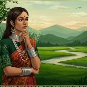 A serene scene depicting a Rabha woman in traditional attire, intricately embroidered with motifs representing nature and folklore, standing in a lush green landscape characteristic of the Northeastern Indian region. She is surrounded by symbols and patterns that mirror the Rabha language, subtly woven into the background as if they are part of the natural surroundings. The backdrop features verdant hills and a tranquil river reflecting the soft pastel hues of the dawn sky. The woman's expression is thoughtful and serene, embodying the depth and richness of Rabha culture. The art style blends traditional elements with a modern digital aesthetic, using deep greens, golds, and warm earthy tones to highlight the cultural significance.