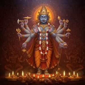 A stunning digital illustration of a Pattachitra painting scene, depicting a vibrant tableau of ancient Indian mythology. At the center, an intricately detailed Hindu deity stands with four arms, each holding traditional symbols of power and wisdom, surrounded by a colorful aura. The background is filled with exquisite patterns and floral motifs in deep maroon and peacock blue. The borders of the image feature traditional Pattachitra designs with rich saffron and gold hues. The scene is bathed in soft, ethereal light, with elements of surrealism and spirituality, capturing the essence of Pattachitra's cultural heritage.