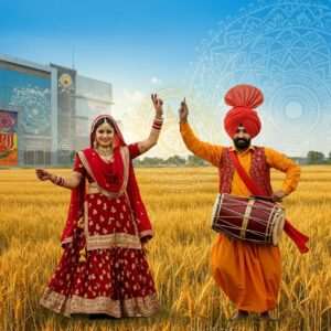 A vibrant scene of a traditional Punjabi village in Moron, Punjab, seamlessly blending with modern elements. In the foreground, a traditional Punjabi couple dressed in rich, colorful attire (deep maroon and saffron) engage in a lively Bhangra dance. The woman gracefully wears a shimmering dupatta and traditional jewelry, while the man dons a colorful turban. Behind them, a backdrop of golden wheat fields under a bright blue sky symbolizes the agrarian roots of Punjab. On one side, a modern structure with sleek glass elements and digital art murals represents the merging of tradition with contemporary life. A large mandala symbol is subtly woven into the background, signifying cultural unity and heritage. The overall tone is vibrant and dynamic, reflecting the lively spirit and cultural richness of Moron, Punjab.