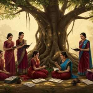 A serene scene depicting a group of Indian women writers, elegantly dressed in traditional Assamese mekhela chadors in deep maroon and peacock blue, gathered around an ancient banyan tree. They are engaged in animated discussion, with intricate manuscripts and traditional ink pots placed around them. The background features a softly glowing mandala pattern and subtle motifs of the Assamese culture like the one-horned rhinoceros and the Bihu dance, blending traditional with modern digital aesthetics. The atmosphere exudes a sense of unity, empowerment, and cultural richness, bathed in warm, golden light to symbolize enlightenment and creativity. The art style is a harmonious fusion of ethereal digital concept art with the essence of Assamese tradition.