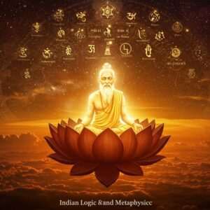 An intricate digital artwork depicting an ethereal Indian sage seated in a meditative pose on a large, floating lotus flower. The sage is surrounded by a serene, glowing aura, and the background features a cosmic tapestry with celestial patterns inspired by traditional Indian motifs like mandalas and yantras. The color palette includes deep golds, saffron, and maroon with hints of peacock blue, creating a rich, spiritual atmosphere. In the sky above, symbolic representations of various schools of Indian philosophy subtly interweave with modern digital elements like binary codes and geometric shapes, symbolizing the fusion of ancient wisdom with contemporary thought. The scene conveys tranquility and depth, inviting the viewer to explore the profound realms of Indian Logic and Metaphysics.