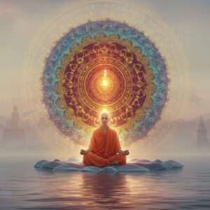 A serene scene depicting a spiritual journey into Vajrayana Buddhism: An Indian yogi sitting in deep meditation on a soft, glowing lotus flower amidst a tranquil water surface. Behind the yogi, a large, intricate mandala with vibrant colors of gold, peacock blue, and maroon glows softly, surrounded by delicate pastel hues and ethereal light. The background features subtle hints of ancient Buddhist temples and sacred symbols. The yogi is adorned with simple traditional attire, embodying tranquility and mindfulness. The entire composition exudes a sense of spirituality and depth, merging traditional motifs with modern digital aesthetics.