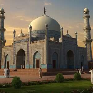 A majestic depiction of Shah Rukn-e-Alam's Tomb in Multan, showcasing its stunning Indo-Islamic architecture. The tomb is surrounded by a serene garden with lush greenery and colorful flowers. The structure is highlighted with intricate geometric patterns and calligraphy, the grand dome adorned in rich blues and whites, reflecting the cultural heritage. The scene is illuminated by a warm, golden sunset casting a glow over the tomb, emphasizing its grandeur and spiritual significance. Visitors are seen admiring the site, capturing the moment with their cameras. The art style merges traditional details with a modern digital aesthetic, creating an inviting and captivating visual narrative.