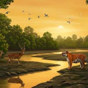 A mesmerizing landscape of West Bengal's Sundarbans with dense mangrove forests stretching across the horizon, where a majestic Bengal tiger stands poised on the muddy bank of a winding river. Nearby, a family of spotted deer grazes peacefully, while a pair of vivid kingfishers flit above the water. In the background, a golden sunset casts warm hues over the scene, highlighting the rich greens and browns of the forest. The sky is dotted with migratory birds flying in formation, showcasing the sanctuary's vibrant biodiversity. The art style is a blend of traditional Indian motifs and modern digital aesthetics, with intricate details and deep, rich colors, creating an enchanting and inviting atmosphere.