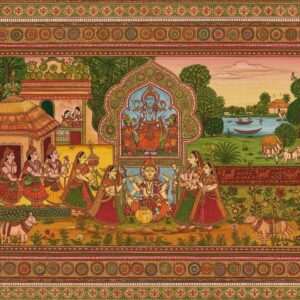 An intricate Pattachitra artwork featuring a traditional Indian village scene. The canvas is alive with vibrant hues of saffron, peacock blue, and maroon. Central to the piece is a detailed depiction of a Hindu mythological story, with figures dressed in traditional attire, surrounded by intricate floral and geometric patterns. The borders are adorned with delicate lotus motifs and mandalas, echoing the ancient style. The background showcases a serene landscape with lush greenery and a calm river, under a pastel sky. The overall aesthetic is a harmonious blend of heritage and contemporary digital artistry, drawing viewers into the rich cultural tapestry of Pattachitra.