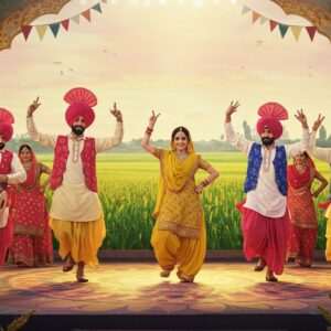 A vibrant scene depicting a group of Punjabi men and women energetically performing traditional folk dances like Bhangra and Giddha on a colorful stage. The men are dressed in bright turbans, kurta pajamas, and lungis with phulkari patterns, while the women wear vibrant salwar kameez with dupattas and heavy traditional jewelry. The background features a stylized depiction of the lush green fields of Punjab under a pastel-colored sky, with golden wheat swaying rhythmically. Intricate patterns of mandalas and cultural motifs like dhols and dancing peacocks frame the scene. The lighting is warm and dynamic, highlighting the dancers' movements and the vivid colors of their attire. The overall mood is festive and joyful, capturing the essence of Punjabi culture through dance. Art style should blend traditional elements with modern digital aesthetics, offering a harmonious balance of heritage and contemporary flair.