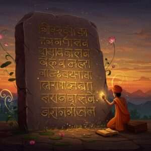 A serene digital illustration depicting an ancient stone inscription set against a backdrop of vibrant Indian landscapes. The inscription is partially illuminated by a soft, ethereal glow that highlights its intricate carvings and ancient script. Around the stone, there are subtle, dreamlike elements such as glowing lotus flowers and delicate, swirling patterns reminiscent of traditional Indian art forms. The color palette includes deep golds, maroons, and peacock blues, seamlessly merging with modern digital aesthetics. In the foreground, a young Indian scholar in traditional attire is gently tracing the script with reverence and curiosity. The scene evokes a sense of mystery, heritage, and the timeless pursuit of knowledge.