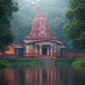 A serene landscape showcasing a hidden Hindu temple nestled within the lush greenery of Kamrup district. The temple, intricately designed with traditional Indian architectural motifs, stands gracefully with its ancient stone carvings and vibrant frescoes. Surrounding the temple are rich, deep colors of maroon and peacock blue, with cultural motifs like lotus flowers and subtle mandalas integrated into the scenery. Soft, ethereal lighting bathes the temple, creating a tranquil and spiritual ambiance. In the foreground, a calm water surface reflects the temple's grandeur, with gentle pastel hues of soft blue and pale pink blending into the scene. The image balances heritage with innovation, presenting a captivating blend of tradition and modern digital aesthetics that intrigues and invites exploration.
