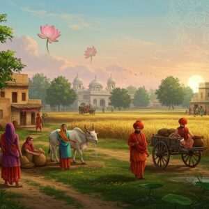 A serene Indian village scene set in the lush, green landscapes of Amritsar. In the foreground, a group of Indian villagers, dressed in traditional Punjabi attire with vibrant turbans and colorful dupattas, are engaged in daily activities like farming and weaving. The background features rustic mud-brick houses with intricately carved wooden doors and windows, surrounded by golden fields of wheat. A traditional bullock cart is seen on a dirt path, and a woman is drawing water from a well. The sky is a soft pastel blue with hints of warm gold as the sun sets, casting a tranquil glow over the village. Large lotus flowers and mandalas subtly blend into the scene, adding an ethereal touch. The art style merges traditional Indian aesthetics with modern digital elements, creating a harmonious and inviting image that captures the essence of Amritsar's hidden gems.