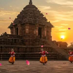 A stunning panoramic view of the ancient Konark Sun Temple, bathed in the golden glow of the setting sun. The temple's intricate carvings and sculptures are highlighted in rich detail, showcasing the architectural brilliance of the Kalinga style. In the foreground, traditional Odissi dancers in vibrant costumes gracefully perform against the backdrop of the temple, their silhouettes casting long shadows on the stone surfaces. The scene is adorned with floating lotus petals and soft, ethereal lights, blending traditional motifs with a serene, modern digital aesthetic. The overall atmosphere is one of awe and spiritual reverence, inviting viewers to explore the historic marvels of Odisha.