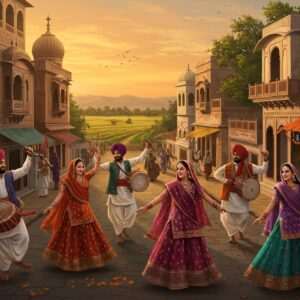 An enchanting depiction of Hoshiarpur's cultural tapestry: A lively street scene in Hoshiarpur, with intricately designed traditional Indian buildings, showcasing a harmonious blend of modern and ancient architecture. In the foreground, a group of Indian men and women dressed in colorful Punjabi attire, including vibrant phulkari dupattas and turbans, are engaged in a joyful folk dance, their movements captured in dynamic motion. The street is adorned with festive decorations, colorful banners, and strings of marigold flowers. In the background, lush fields and rolling hills are visible under a warm, golden sunset. The scene is imbued with a sense of community, celebration, and rich heritage. Art style is a fusion of traditional Indian art forms with digital aesthetics, utilizing rich colors and intricate patterns to create a visually captivating and culturally authentic image.