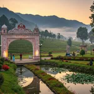 An enchanting landscape of Itanagar's lush green hills and serene parks at dawn, bathed in soft pastel hues of the sunrise. In the foreground, an intricately designed archway with traditional Indian patterns leads into a beautifully maintained park, dotted with blooming lotus flowers and colorful Indian flora. The scene is vibrant and inviting, with gentle golden light illuminating the pathway and casting a serene glow over a calm water body reflecting the sky. In the background, mist-covered viewpoints offer a panoramic view of the majestic hills. A few Indian individuals dressed in modern casual attire are seen enjoying the tranquility, embodying a harmonious blend of nature and culture. The art style merges traditional Indian aesthetics with a modern digital touch, creating an inviting visual journey for the viewer.