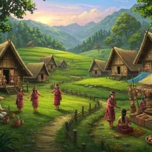 An enchanting depiction of Itanagar's hidden gems featuring a serene landscape with lush, green hills and traditional Arunachali stilt houses nestled among the trees. In the foreground, a small group of indigenous people dressed in vibrant traditional attire engage in a cultural dance, their movements graceful and lively. Surrounding them are artisans crafting beautiful, intricate handicrafts under the warm glow of the afternoon sun. A narrow path winds through the scene, inviting exploration beyond the bustling local market stalls filled with authentic Arunachali cuisine. The scene exudes an aura of discovery and cultural richness, with soft pastel hues in the sky blending into the deep greens of the landscape, creating a harmonious balance between tradition and modern aesthetics.