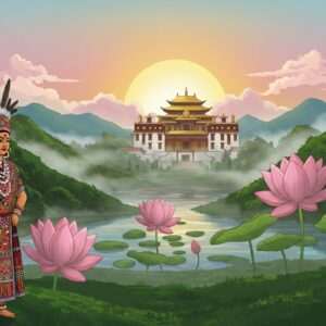 A mesmerizing depiction of Itanagar, showcasing the serene beauty of Arunachal Pradesh's capital. The foreground features lush, verdant hills enveloped in mist, hinting at the untouched nature surrounding the city. A traditional tribal figure stands gracefully, adorned in vibrant attire representative of local culture, with intricate patterns reminiscent of Madhubani and Pattachitra art styles. They are depicted with serene expressions, exuding tranquility and harmony. In the background, a majestic Buddhist monastery glows under the golden hues of a setting sun, with soft pastel clouds creating an ethereal atmosphere. Large, stylized lotus flowers emerge from the calm waters of a nearby river, adding a spiritual touch to the scene. The art style balances traditional elements with modern digital aesthetics, creating an inviting and immersive visual experience that highlights the hidden gems of Itanagar.