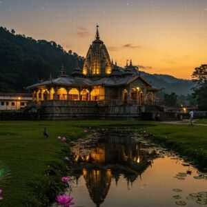A serene depiction of the Kaumari Devi Temple nestled amidst lush green hills in Itanagar. The temple, intricately designed with traditional Indian architectural elements, is illuminated by a soft, ethereal glow that accentuates its spiritual aura. In the foreground, a gentle stream reflects the temple's glowing silhouette, surrounded by blooming lotus flowers and vibrant peacock feathers. Above, the sky transitions from a warm golden sunset to a tranquil twilight, dotted with twinkling stars. The atmosphere is calm and mystical, inviting viewers into a world of ancient charm and spiritual discovery.